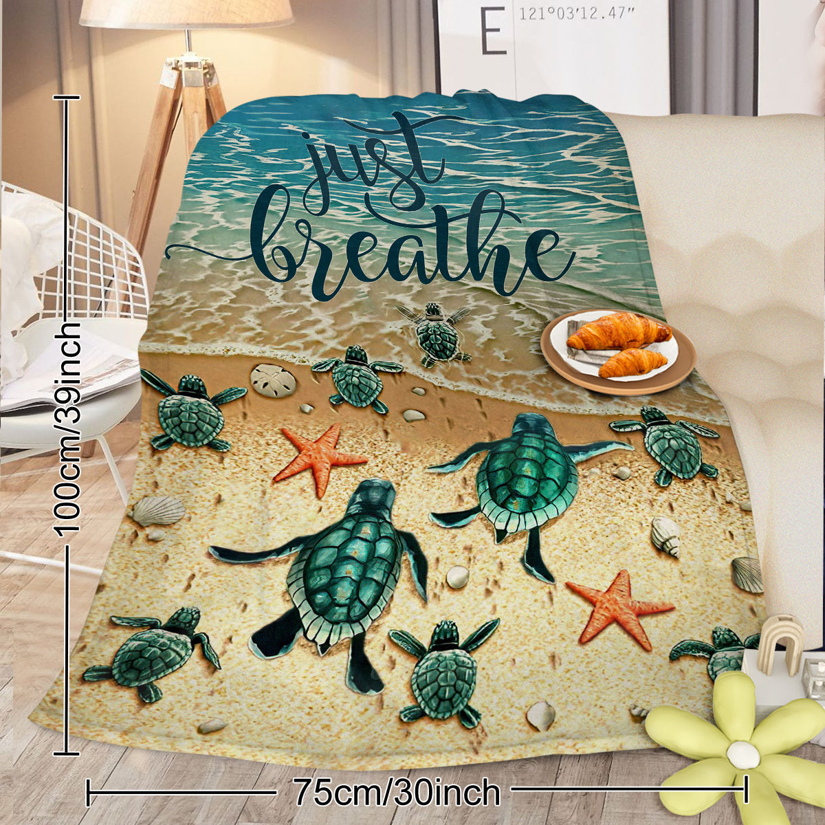 Tropical Baby Sea Turtle Flannel Fleece Blanket - 3D Ocean Waves Soft Plush Throw