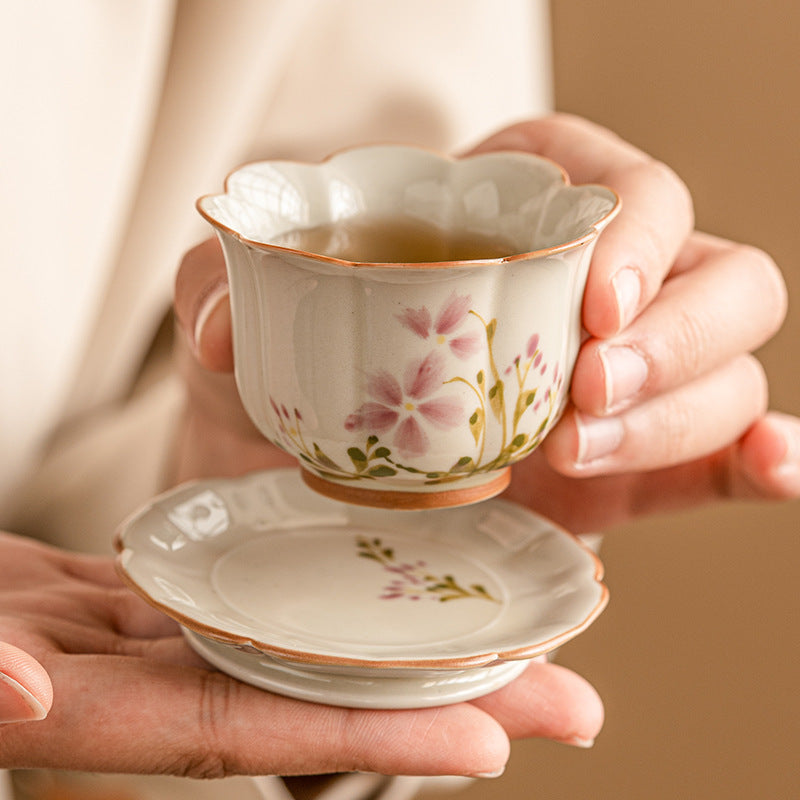 New Chinese Style Ceramic Tea Cup Set - Hand-Painted Little Daisy Grass Wood Gray 55ml