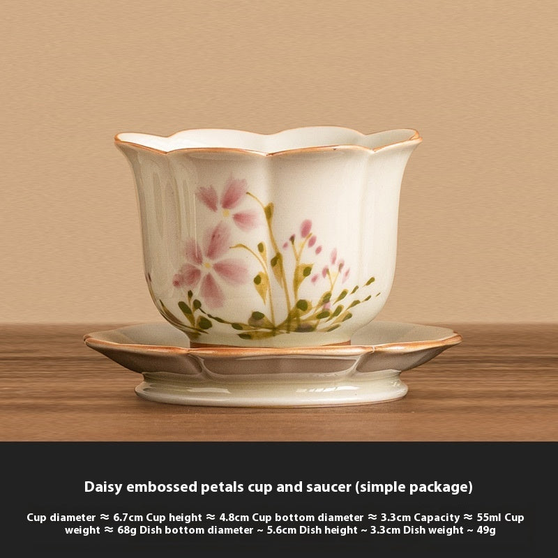 New Chinese Style Ceramic Tea Cup Set - Hand-Painted Little Daisy Grass Wood Gray 55ml