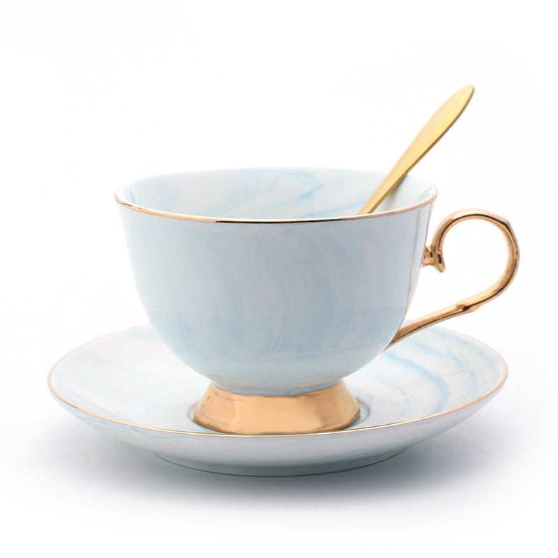 Elegant Ceramic Coffee Cup and Saucer Set - Marble Pattern with Gold Handle & Spoon