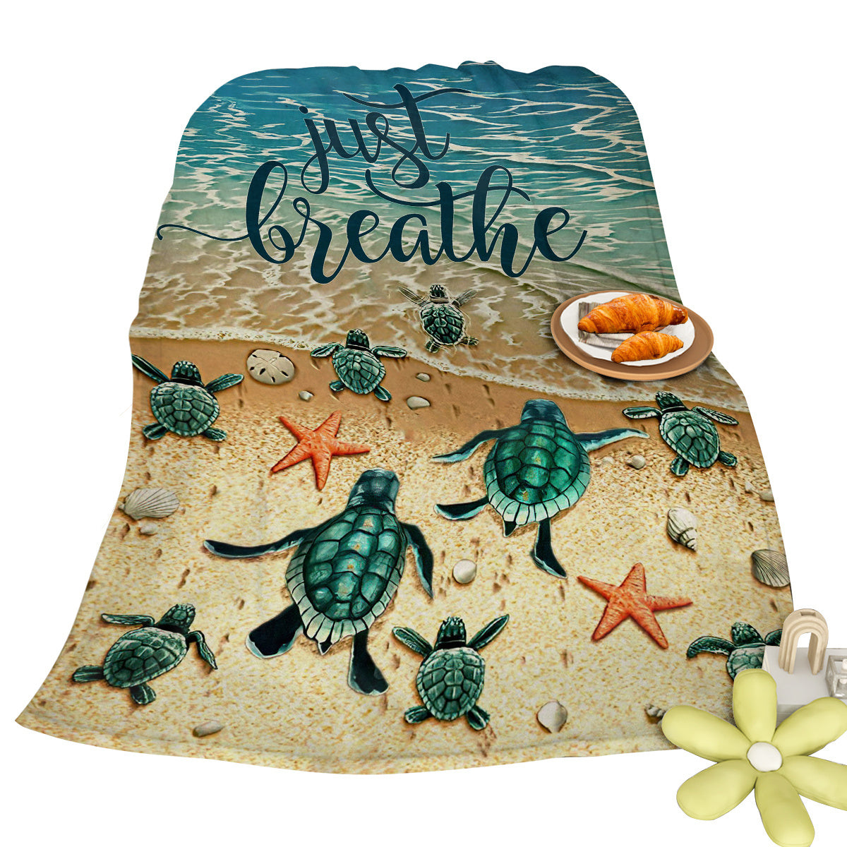 Tropical Baby Sea Turtle Flannel Fleece Blanket - 3D Ocean Waves Soft Plush Throw