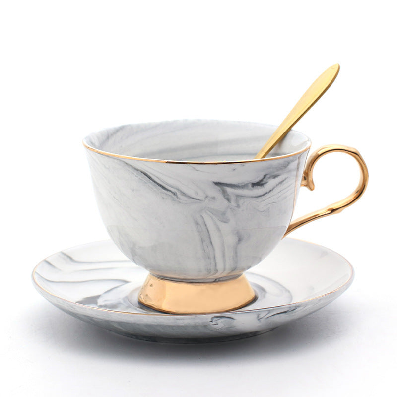 Elegant Ceramic Coffee Cup and Saucer Set - Marble Pattern with Gold Handle & Spoon