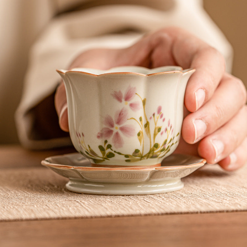 New Chinese Style Ceramic Tea Cup Set - Hand-Painted Little Daisy Grass Wood Gray 55ml