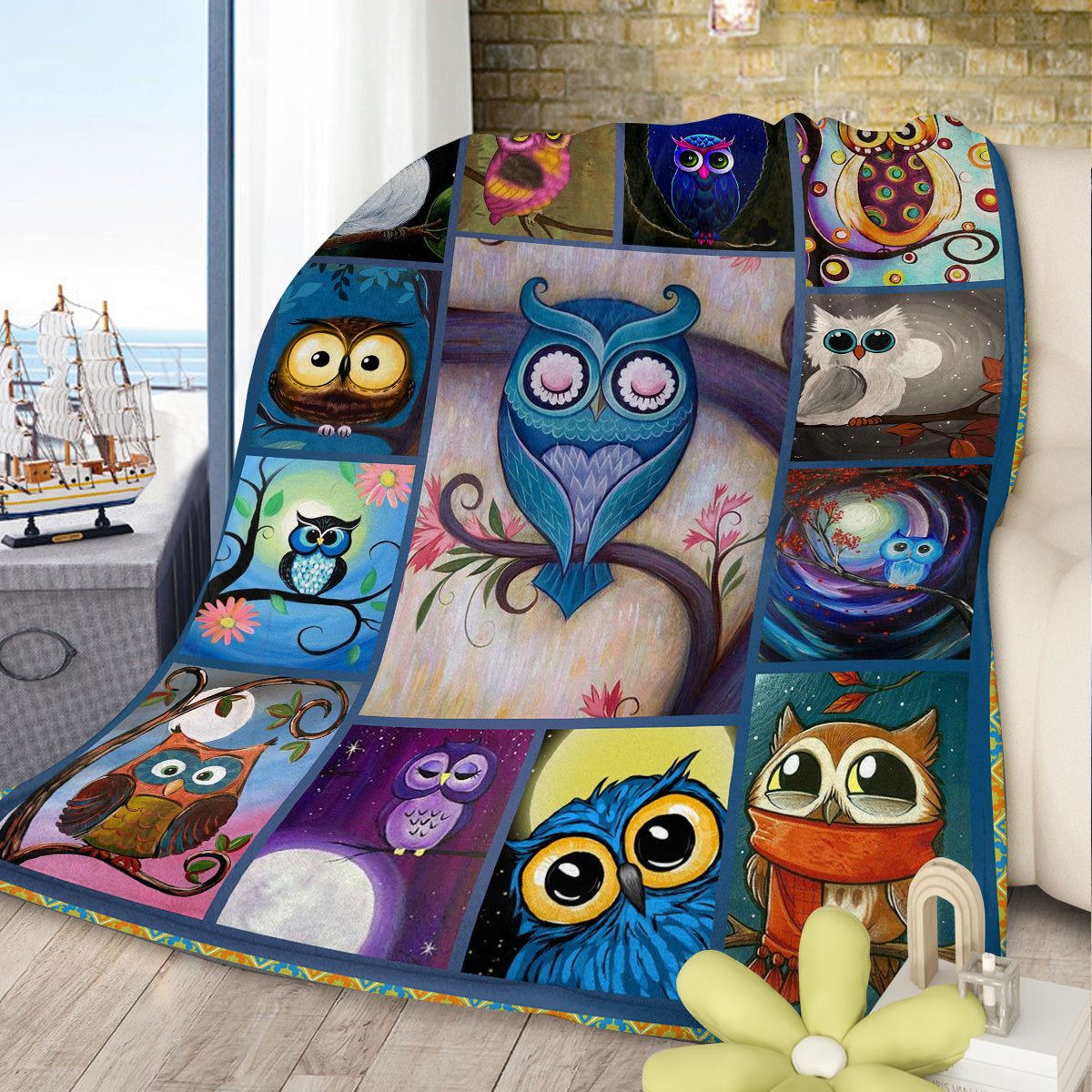 Moon Owl Flannel Fleece Blanket - Cozy Fuzzy Warm Throw Blanket