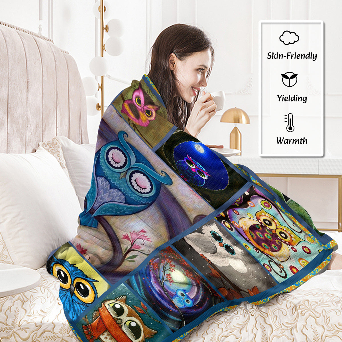 Moon Owl Flannel Fleece Blanket - Cozy Fuzzy Warm Throw Blanket