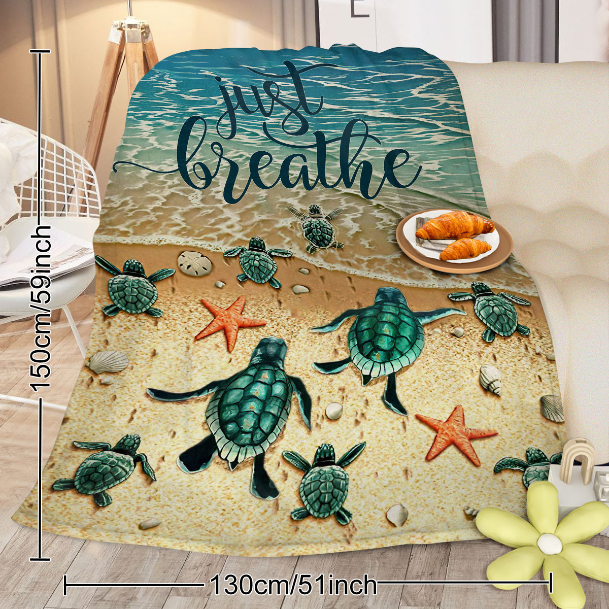 Tropical Baby Sea Turtle Flannel Fleece Blanket - 3D Ocean Waves Soft Plush Throw