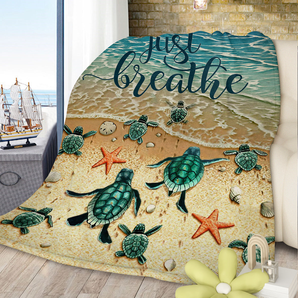 Tropical Baby Sea Turtle Flannel Fleece Blanket - 3D Ocean Waves Soft Plush Throw