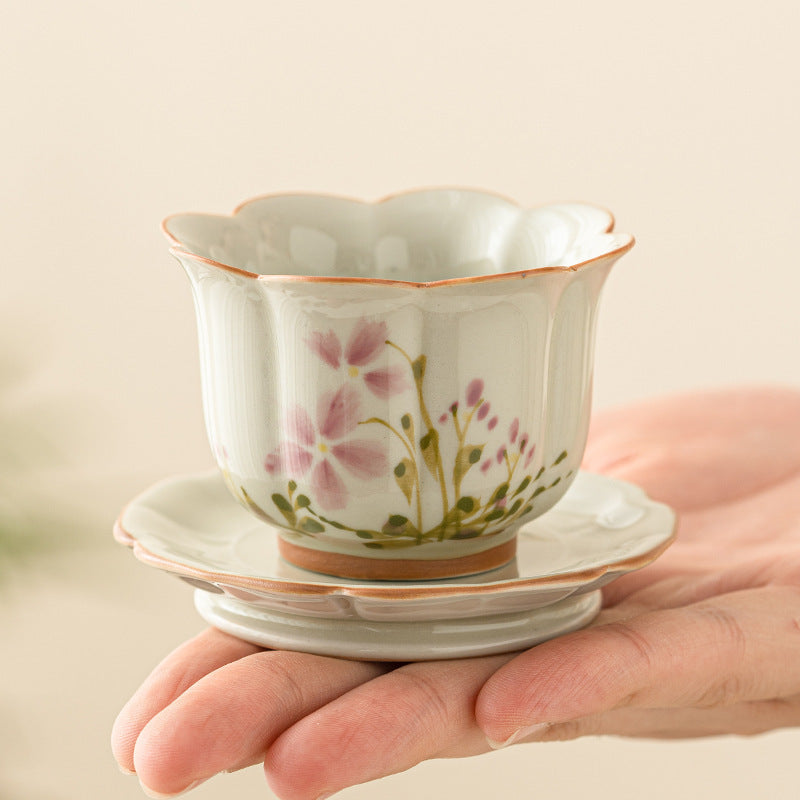New Chinese Style Ceramic Tea Cup Set - Hand-Painted Little Daisy Grass Wood Gray 55ml