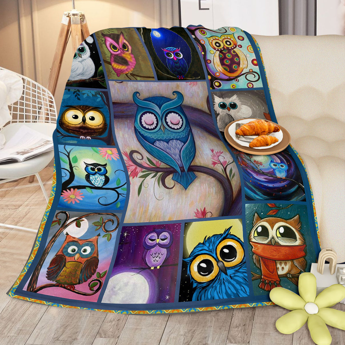 Moon Owl Flannel Fleece Blanket - Cozy Fuzzy Warm Throw Blanket