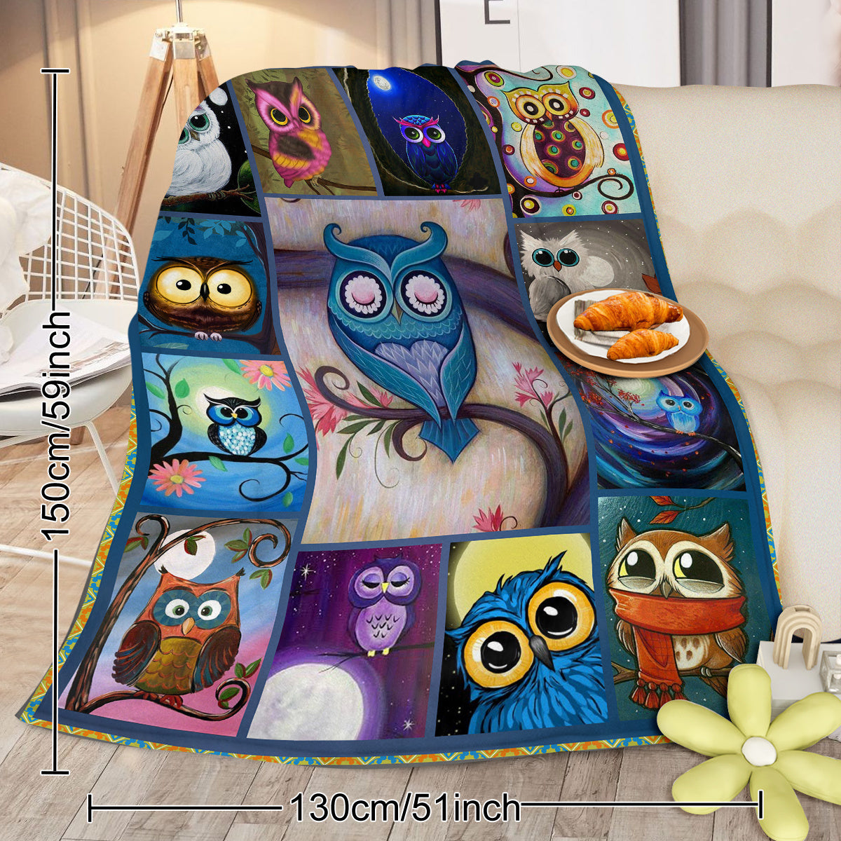 Moon Owl Flannel Fleece Blanket - Cozy Fuzzy Warm Throw Blanket