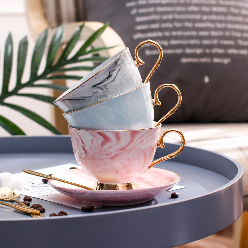 Elegant Ceramic Coffee Cup and Saucer Set - Marble Pattern with Gold Handle & Spoon
