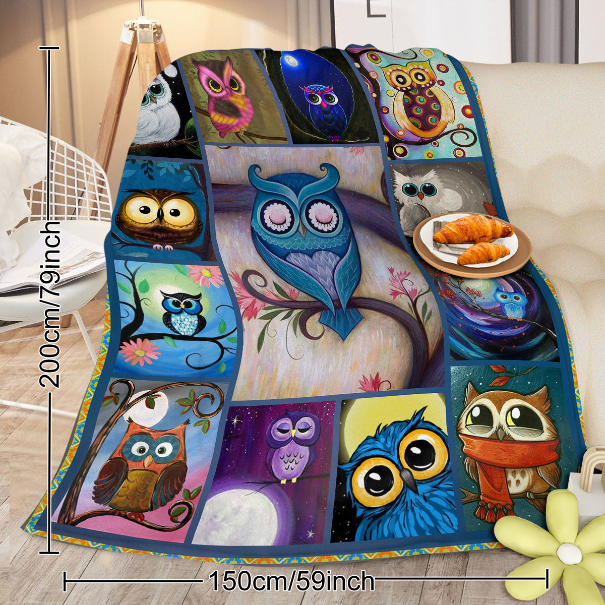 Moon Owl Flannel Fleece Blanket - Cozy Fuzzy Warm Throw Blanket