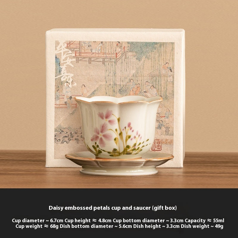 New Chinese Style Ceramic Tea Cup Set - Hand-Painted Little Daisy Grass Wood Gray 55ml