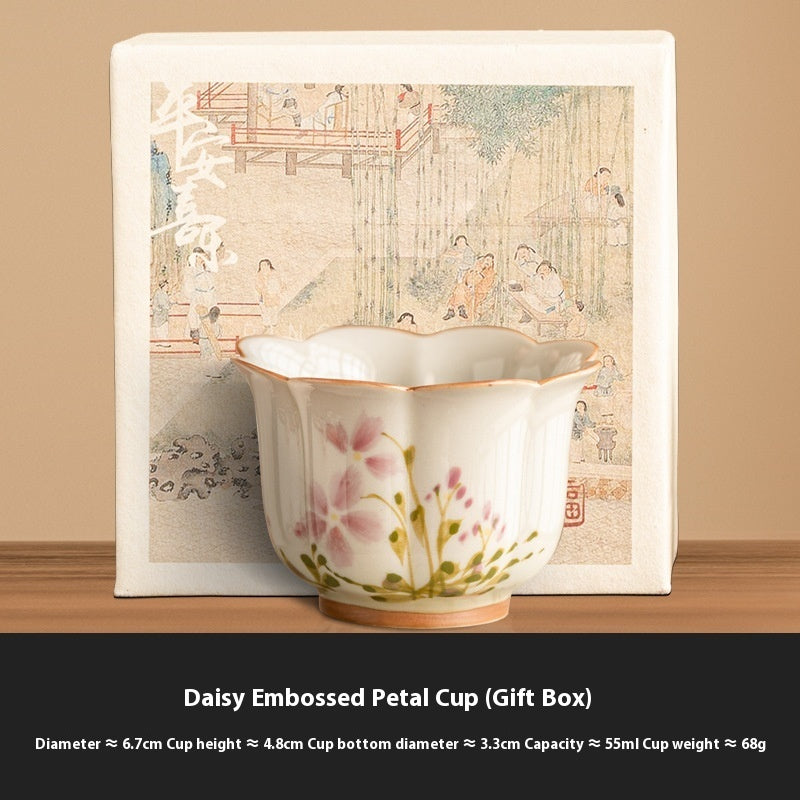 New Chinese Style Ceramic Tea Cup Set - Hand-Painted Little Daisy Grass Wood Gray 55ml