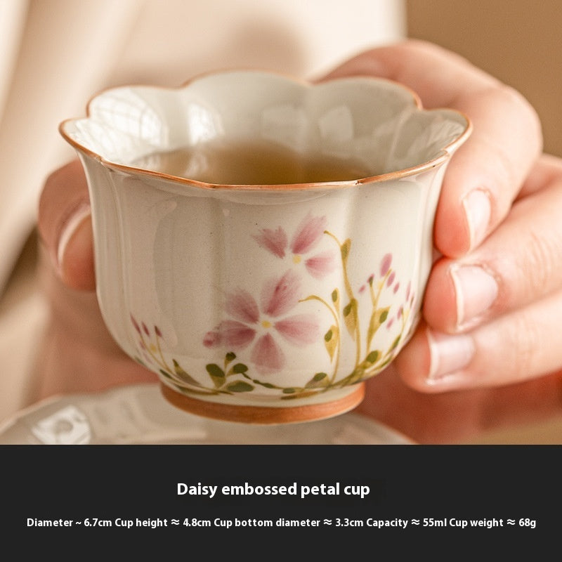 New Chinese Style Ceramic Tea Cup Set - Hand-Painted Little Daisy Grass Wood Gray 55ml