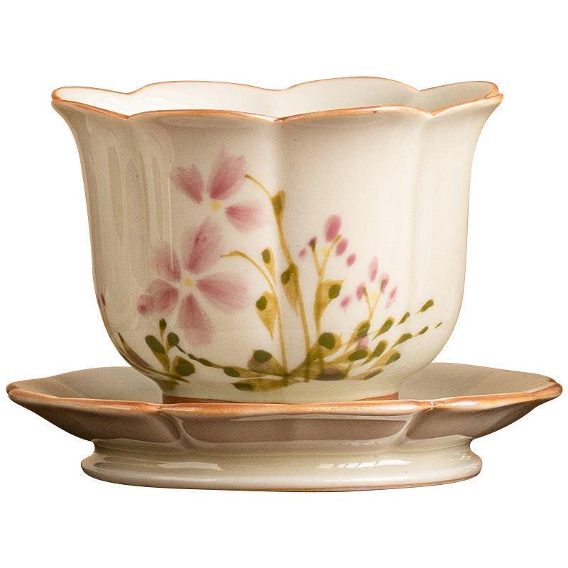 New Chinese Style Ceramic Tea Cup Set - Hand-Painted Little Daisy Grass Wood Gray 55ml