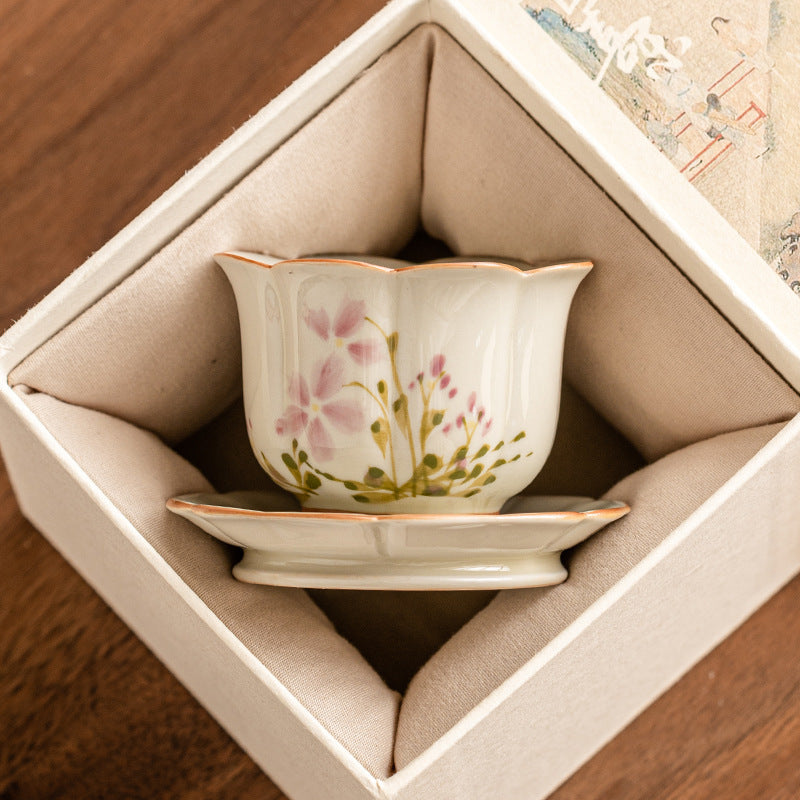 New Chinese Style Ceramic Tea Cup Set - Hand-Painted Little Daisy Grass Wood Gray 55ml