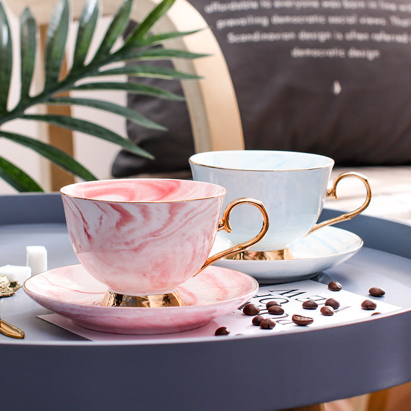 Elegant Ceramic Coffee Cup and Saucer Set - Marble Pattern with Gold Handle & Spoon
