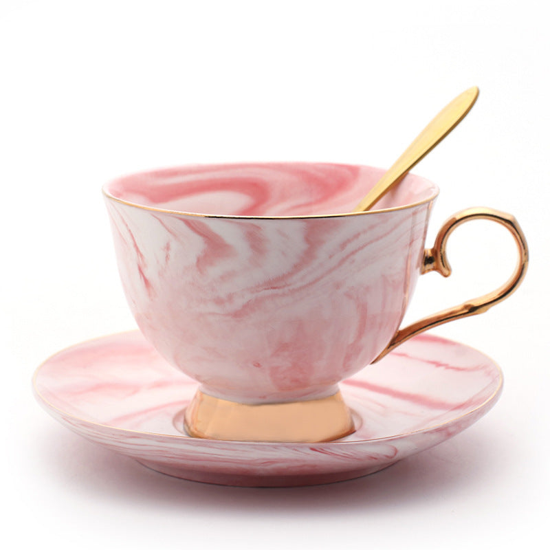 Elegant Ceramic Coffee Cup and Saucer Set - Marble Pattern with Gold Handle & Spoon