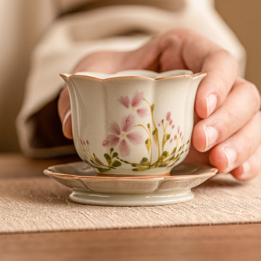 New Chinese Style Ceramic Tea Cup Set - Hand-Painted Little Daisy Grass Wood Gray 55ml