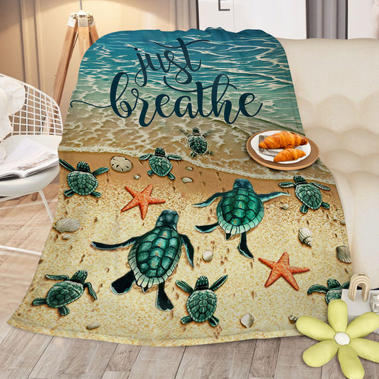 Tropical Baby Sea Turtle Flannel Fleece Blanket - 3D Ocean Waves Soft Plush Throw