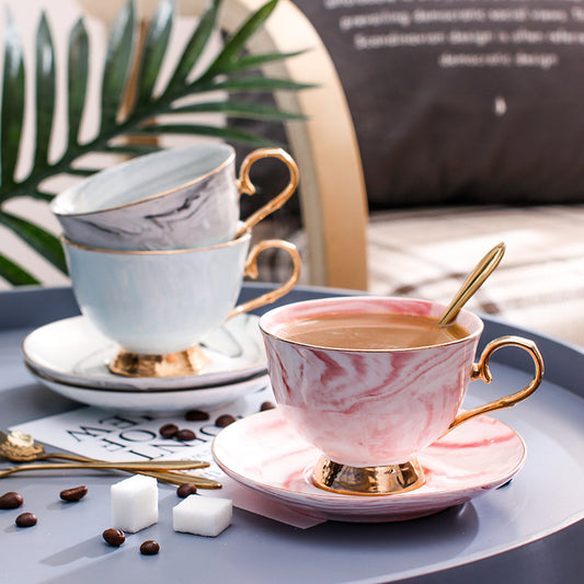 Elegant Ceramic Coffee Cup and Saucer Set - Marble Pattern with Gold Handle & Spoon